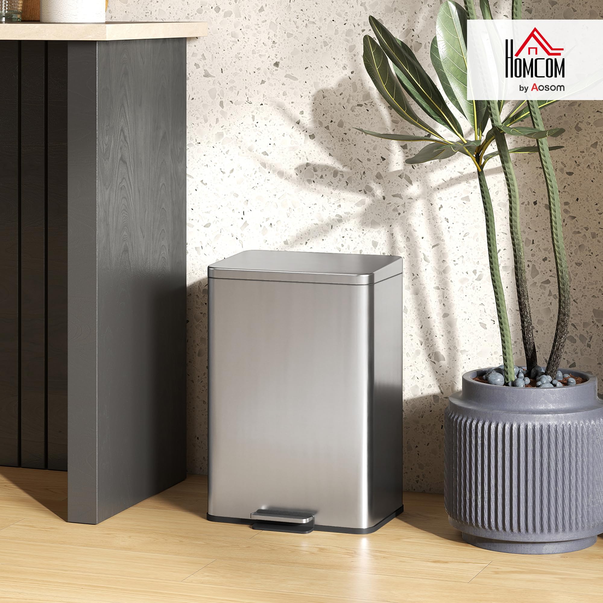 HOMCOM Poubelle de Cuisine 20 L, Poubelle avec Pédale, Couvercle à Fermeture Douce en Acier Inoxydable, Seau Intérieur Amovible, Anti-Traces, pour Cuisine, Maison, Bureau, Argenté