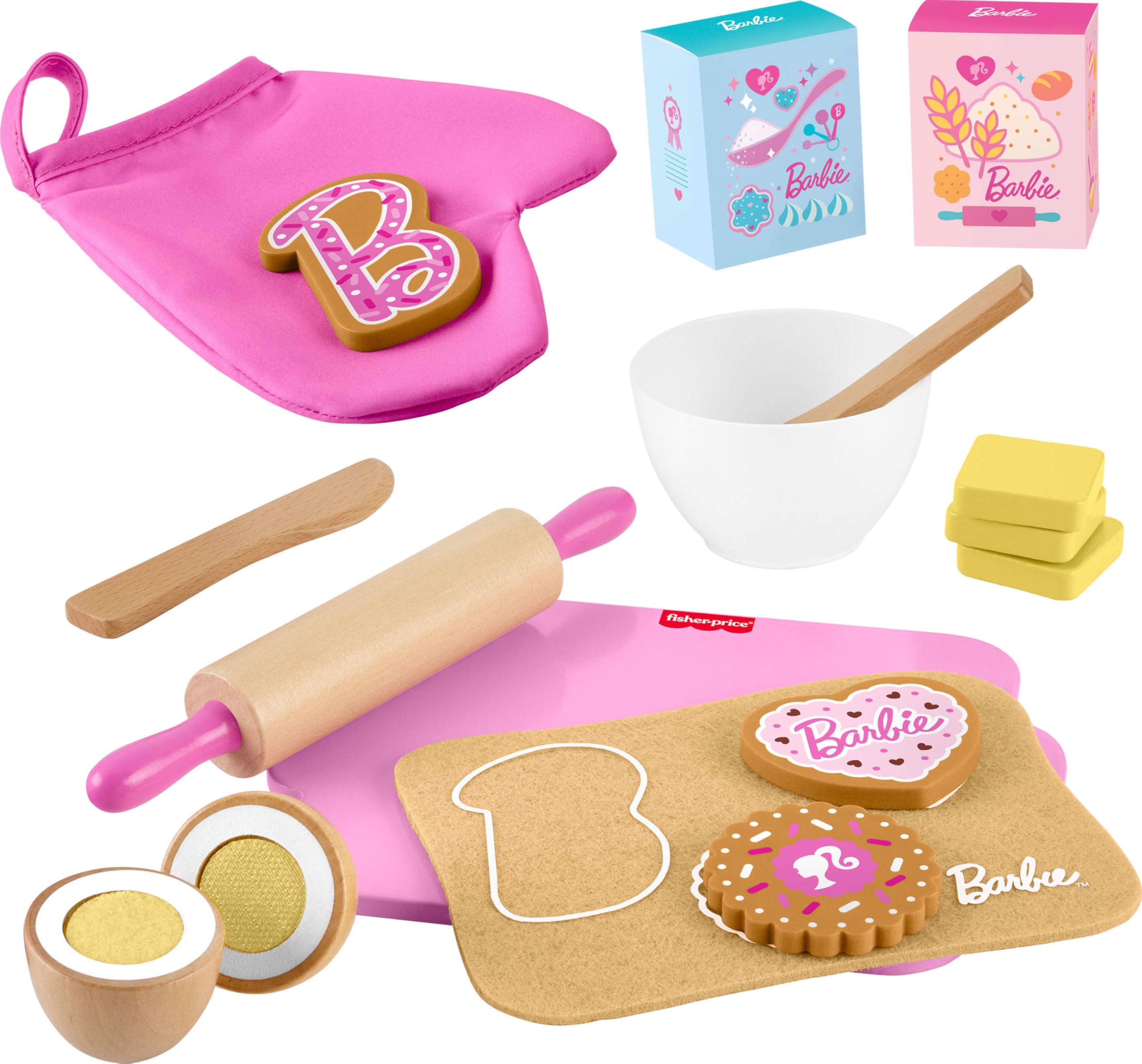 Fisher-Price Wood Barbie Cookie Baking Set | 17 Wooden & Fabric Pieces, Toy Kitchen Pretend Play, Preschool Kids Ages 3+ Years (Amazon Exclusive)
