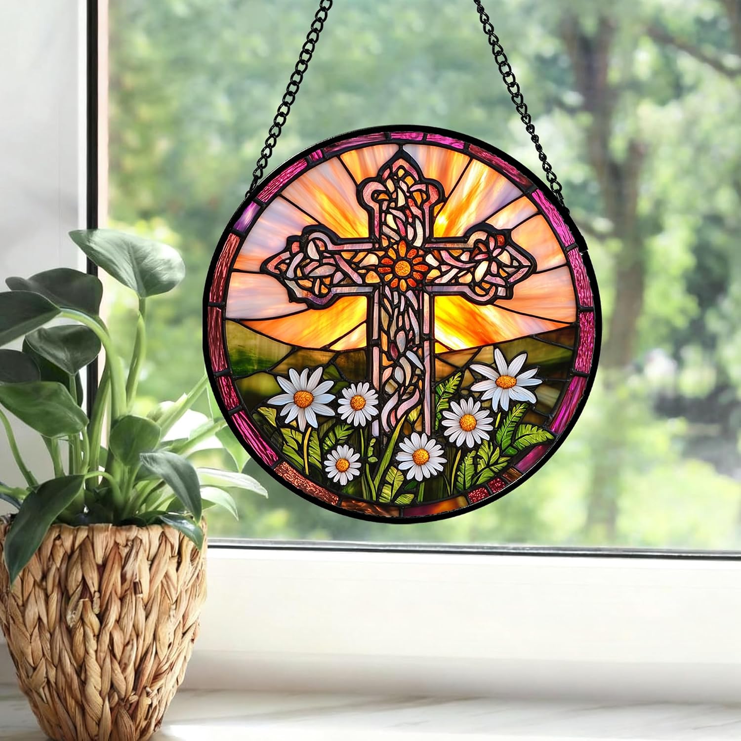 Cross Daisy Stained Glass Window Hanging Suncatcher Gifts for Mom 6.3" image 3