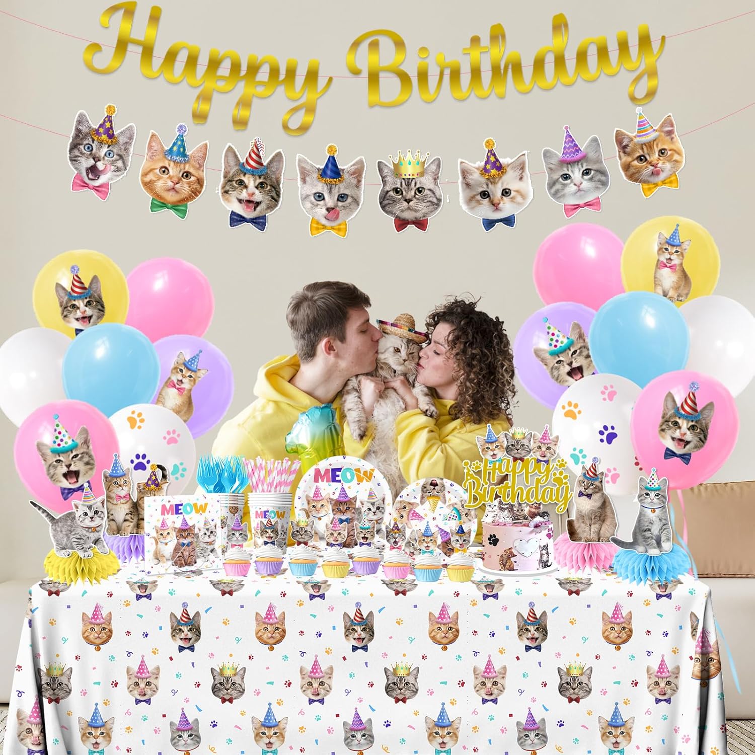 Cat Birthday Decorations,190pcs Cat Party Decorations cat Birthday Plates and Napkins Cups Tablecloth Cake Topper Hanging Swirls Centerpiece Balloon for Ca t Party Supplies