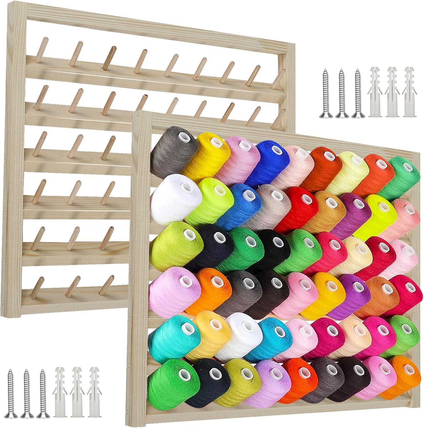2 Pack Wooden Thread Holder - 54 Spool Wall Mounted Rack With Screws for Sewing and Embroidery Threads, Hair Bands - Multi-Purpose Organizer (US)