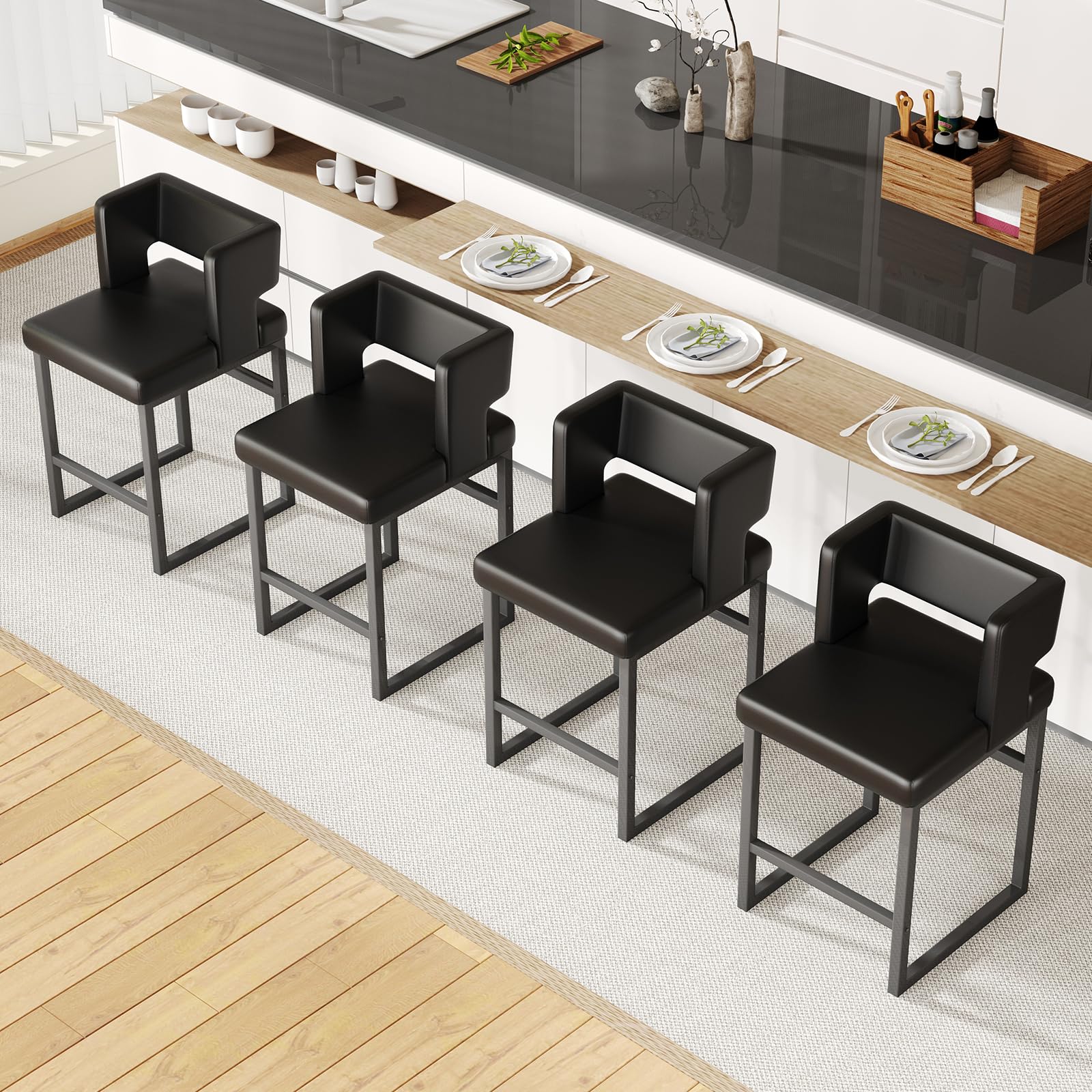 Sweiko 26 Inch Counter Height Bar Stools Set of 4 with Leather Cushion and Back Modern Bar Chairs for Kitchen Island Counter Stools with Metal Leg for