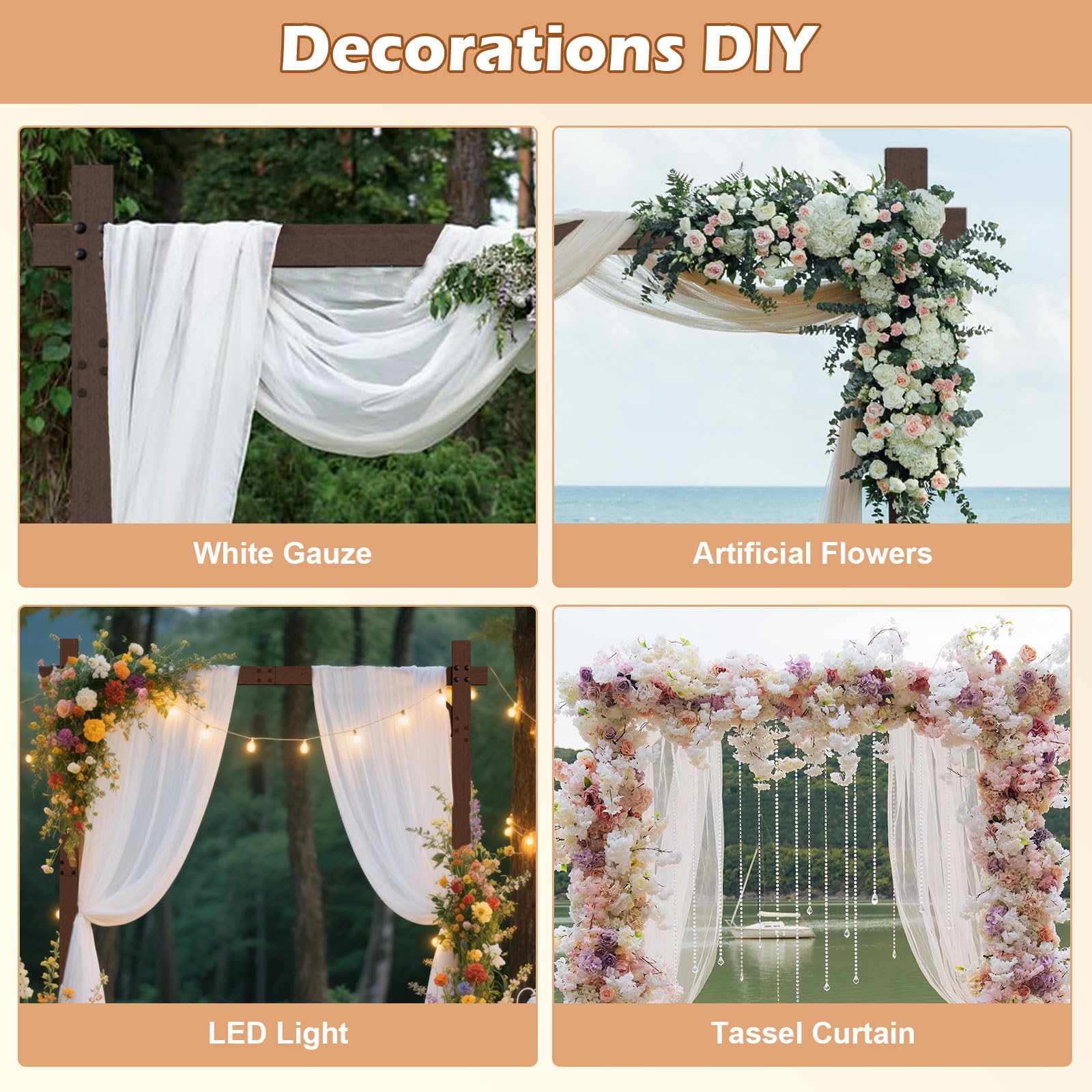 PlusFive Arco di nozze 2,28 m, quadrato in legno, supporto per arco nuziale, pergolato da giardino, grande cornice in legno per proposta di matrimonio, compleanno, San Valentino, decorazione da