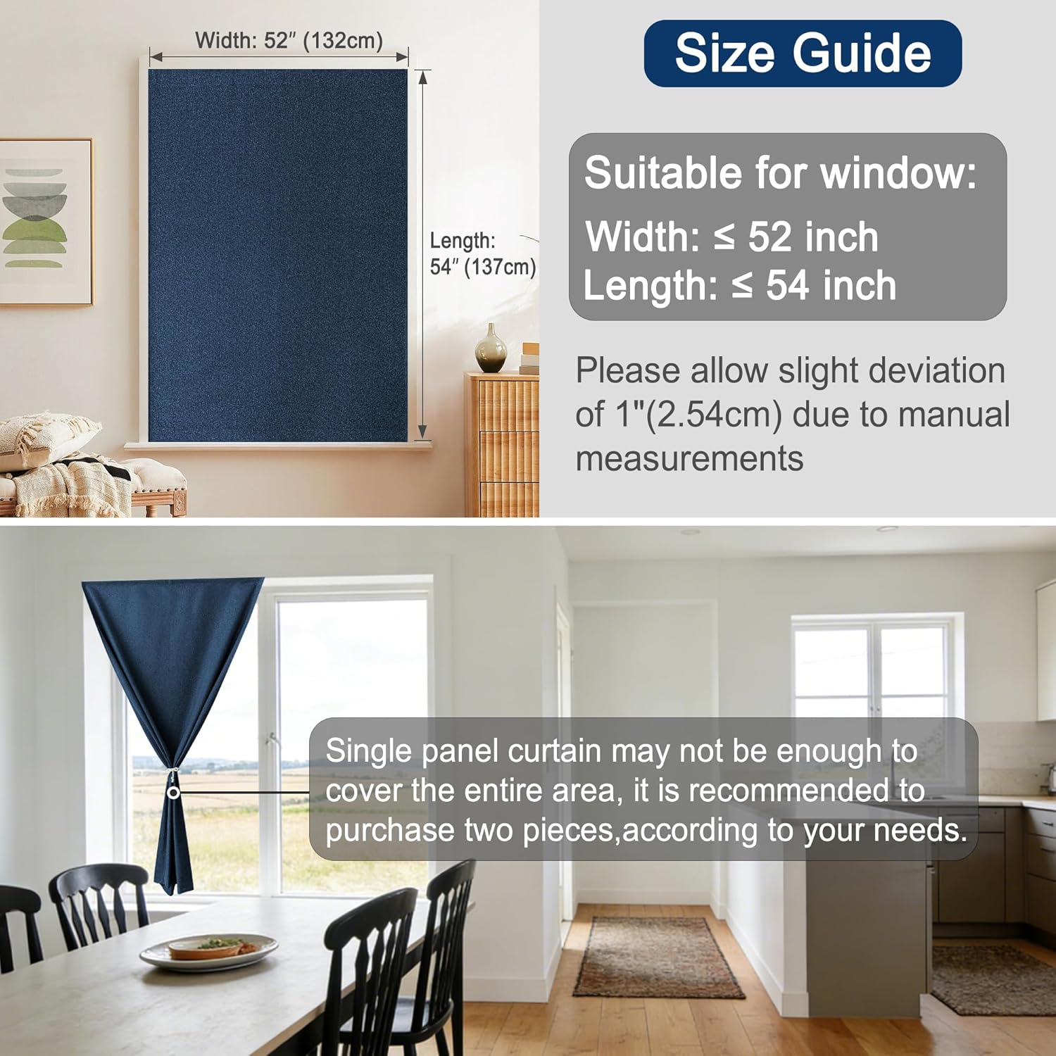 Foxdecor Adhesive Blackout Curtains for Bedroom Living Room 54 Inches Long, No Drill Window Blinds, Thermal Insulated & UV Protection, Light Blocking Drapes 1 Panel. (Dark Blue, 52" W x 54" L)