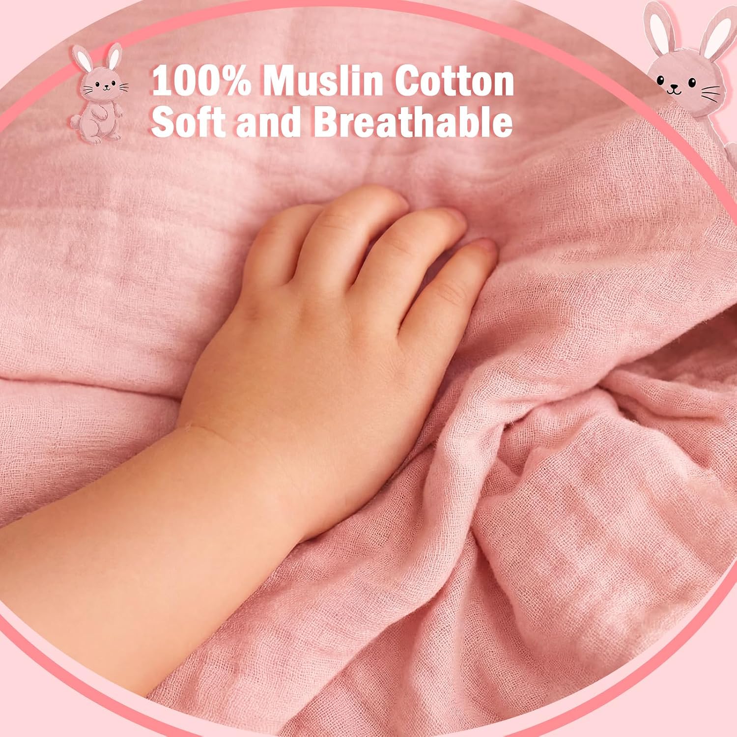 Mindsoft Muslin Hooded Baby Towel 100% Cotton Soft Absorbent Bath Towel with Cute Pink Bunny Design 32 x 32 Inch Muslin Baby Bath Essentials for Girl Babies Infant Toddler Kids