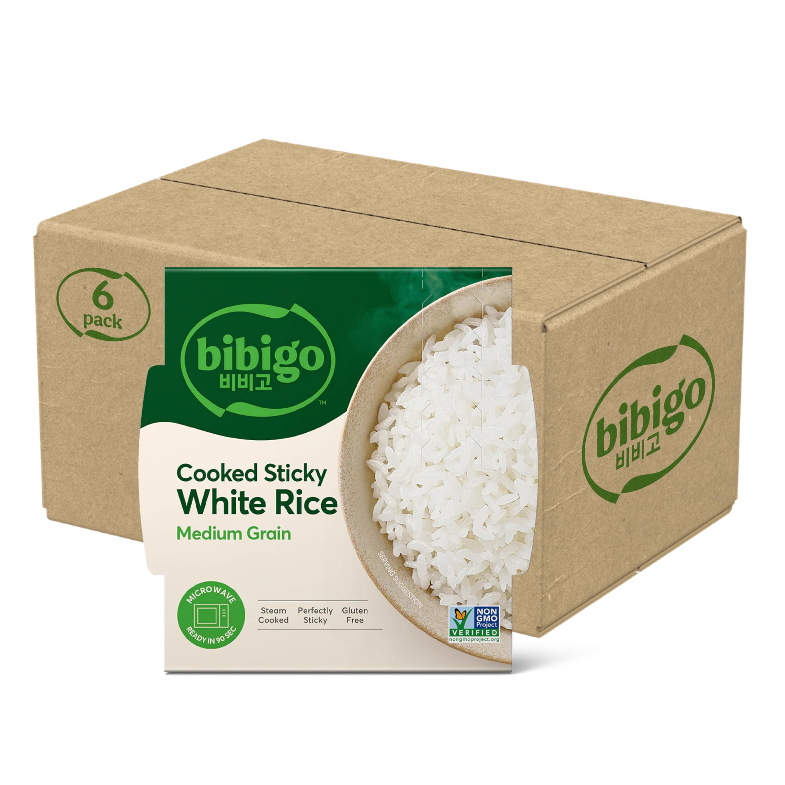 Bibigo Cooked Sticky White Rice, Medium Grain, 7.4 Ounces (Pack of 6)