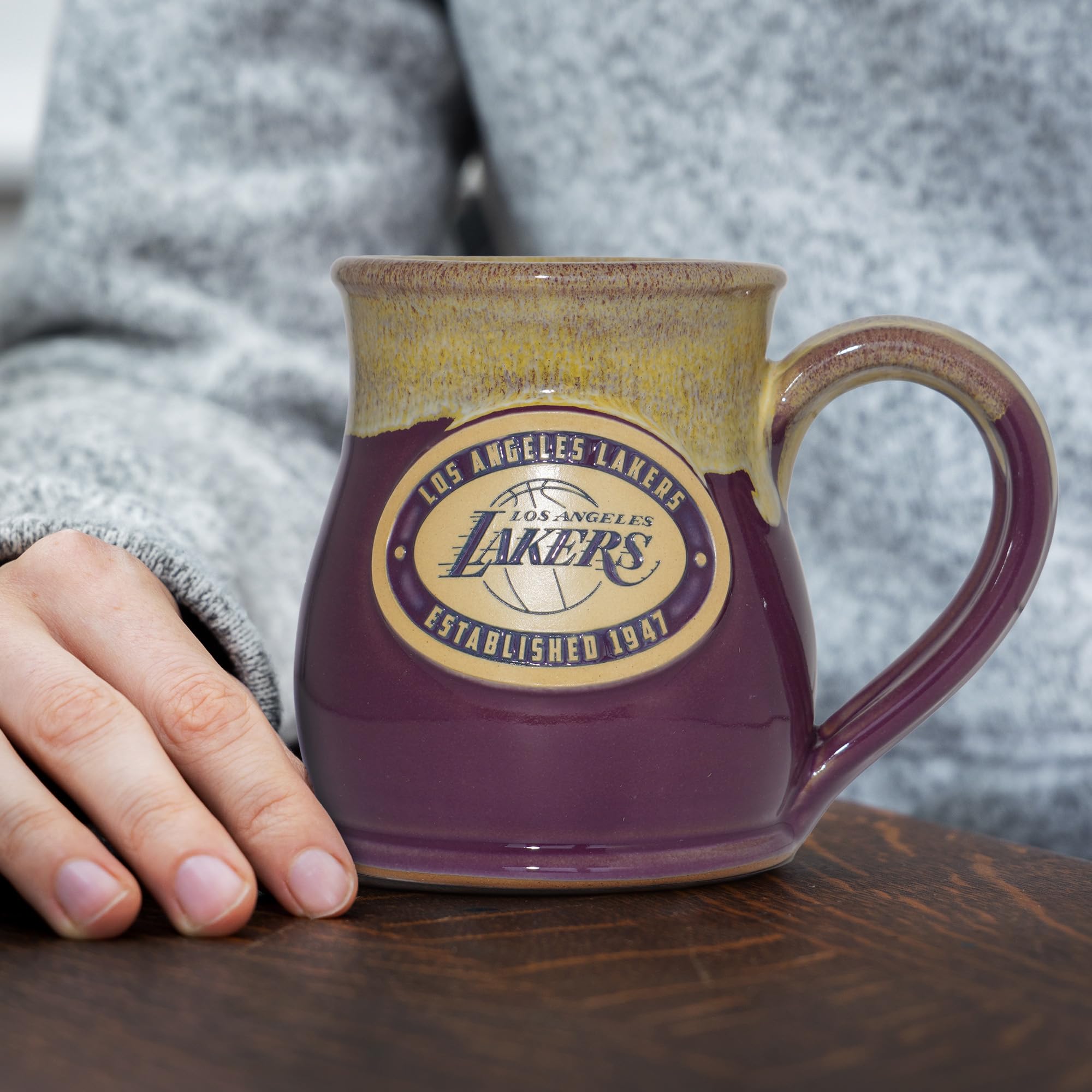 Greater Distance NBA Basketball Los Angeles Lakers 14-oz Two-Tone Tall Belly Mug, Handmade Large Ceramic Coffee Mug With Team Logo for True Fans, Premium Deneen Pottery Made in USA