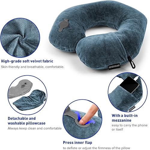 Miniatura 4 de Rewondah Almohadas de cuello para viajes, almohada inflable de viaje, almohada de cuello inflable para viajar en avión con funda lavable de