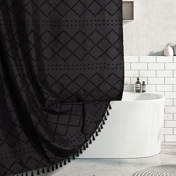 Siiluminisoy Black Shower Curtain with Tassels Boho Cloth Shower Curtain Black 72 x 72 Tufted Chevron Striped Chenille Woven Modern Farmhouse Minimalist, Shabby Chic Bathroom Decor
