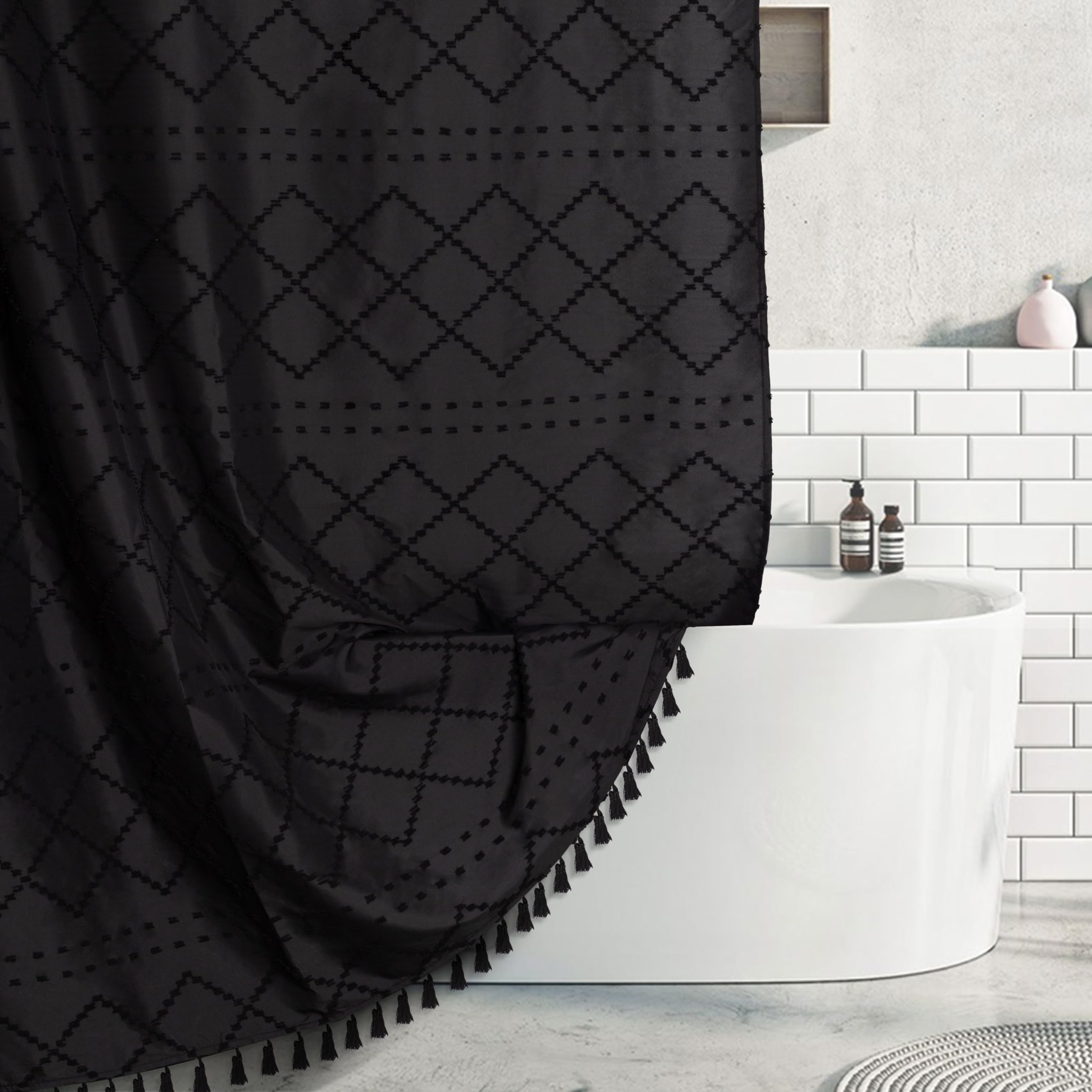 Boho Black Woven Fabric Shower Curtain with Tassels 60 x 72 Modern Farmhouse Minimalist, Tufted Chevron Striped Shabby Chic Textured, Water Resistant Cloth Curtain for Bathroom, Hotel Decor