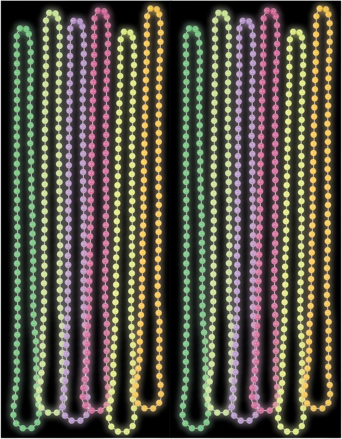 Beistle Glow in the Dark Bead Necklaces – Assorted Neon Colors Plastic Beads, 33” Mardi Gras Party Favors, Rave and Festival Glow Jewelry, Halloween Parade Dance and Night Event Accessories, 12 Count