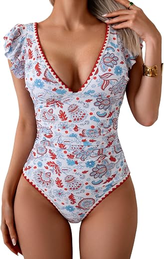 Aidonger Women One Piece Swimsuit Ruffle Tummy Control V Neck Shell Stitching Bathing Suit Slimming Swimwear