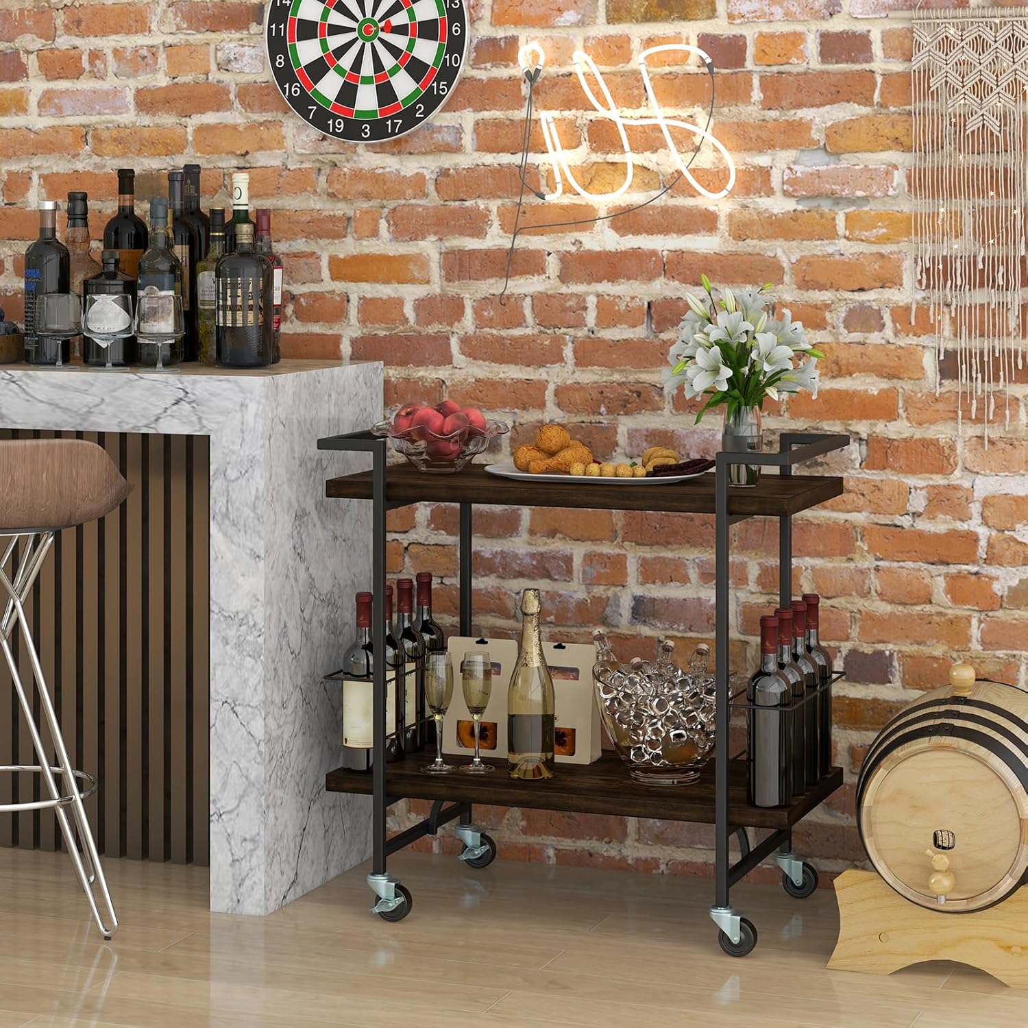 Giantex Bar Cart, 2-Tier Industrial Home Bar Serving Cart with Wheels, Rolling Kitchen Beverage Cart with Wine Bottle Holder Rack for Kitchen Dining Living Room Party, Rustic Brown