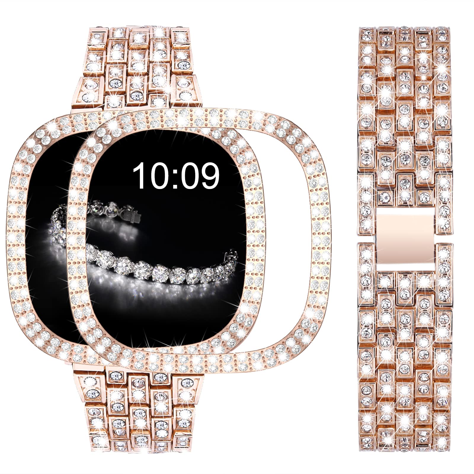 V-MORO Compatible with Fitbit Versa 3/Sense Bands for Women with Bling Protective Case Cover, Luxurious Shinny Diamond Stainless Steel Jewelry Smartwatch Strap for Fitbit Versa 3/Sense -Rose Gold