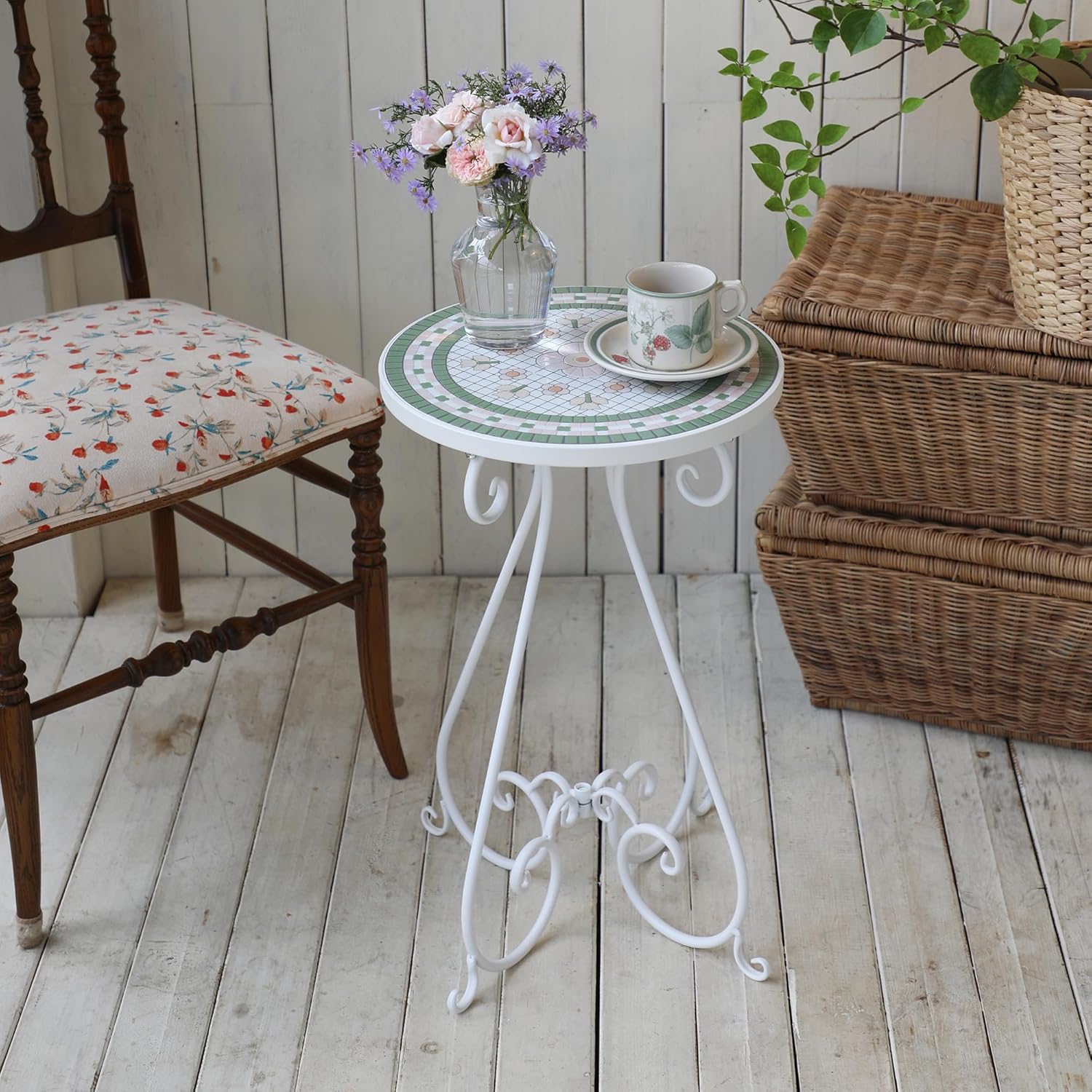 Mosaic Outdoor Side Table 14" Diameter Metal Round Plant Stand Ceramic Tile Round Table Garden Patio Side Table for Flower Pots Vase Home Decor (Flower#4)