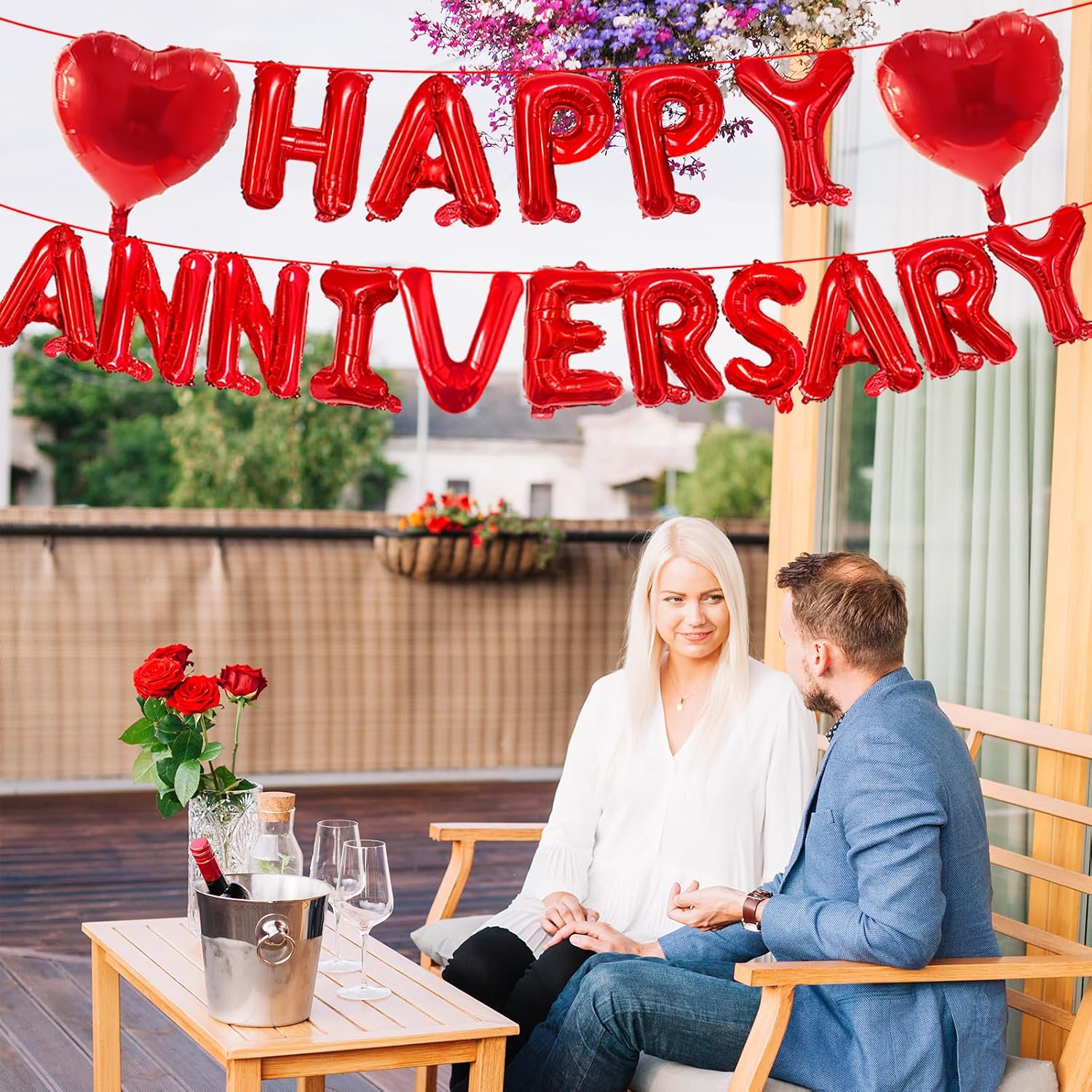 16 Inches Red 'HAPPY ANNIVERSARY' Letter Balloons Banner with Two 18-Inch Heart-Shaped Foil Balloons for Wedding Anniversary Love Party Celebrations, and Romantic Special Night Bedroom Decorations