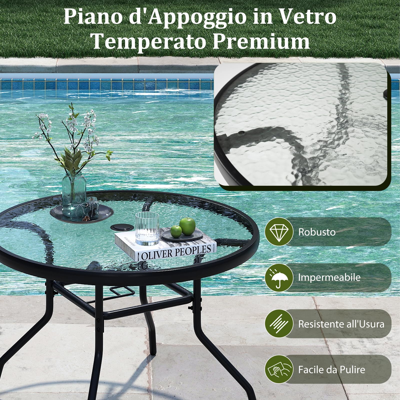 COSTWAY Tavolino Esterno in Metallo e Vetro, Tavolino da Bistro con Foro per Ombrellone 4,2 cm, Tavolo per Giardino Balcone Cortile, Portata 50 kg (70 x 45,5 cm)
