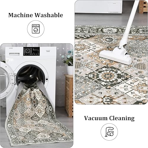 Miniatura 6 de Alfombra vintage con estampado floral, 4 x 6, antideslizante, resistente a las manchas, lavable, para interiores, para sala de estar, cocina,