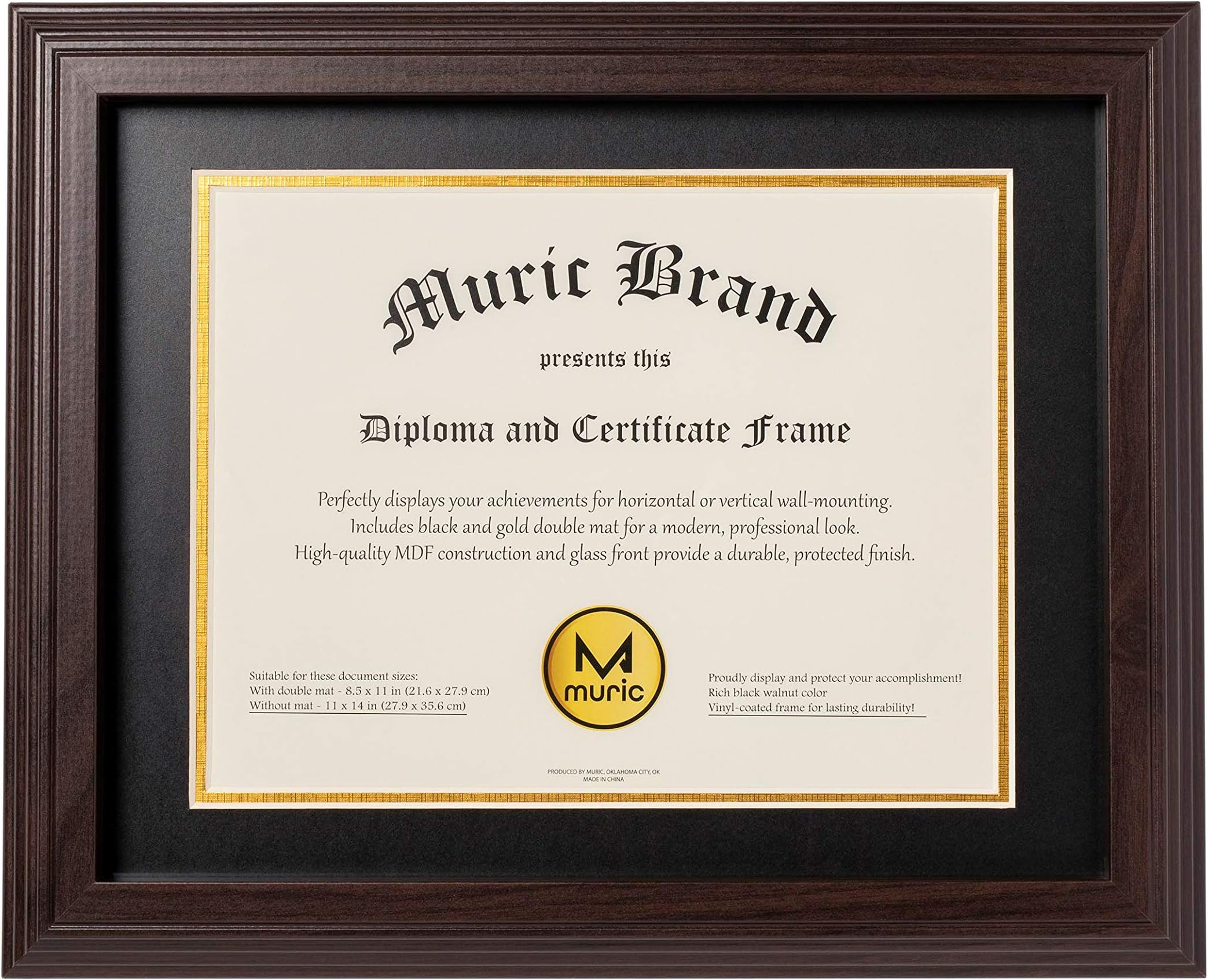 Muric Diploma Frame – Double Mat Document Frame with Real Glass, Display for Graduation Degree, Certificate, Award, License, Holds 8.5x11 with Mat or 11x14 Without Mat, Gift for Grad, Black Walnut