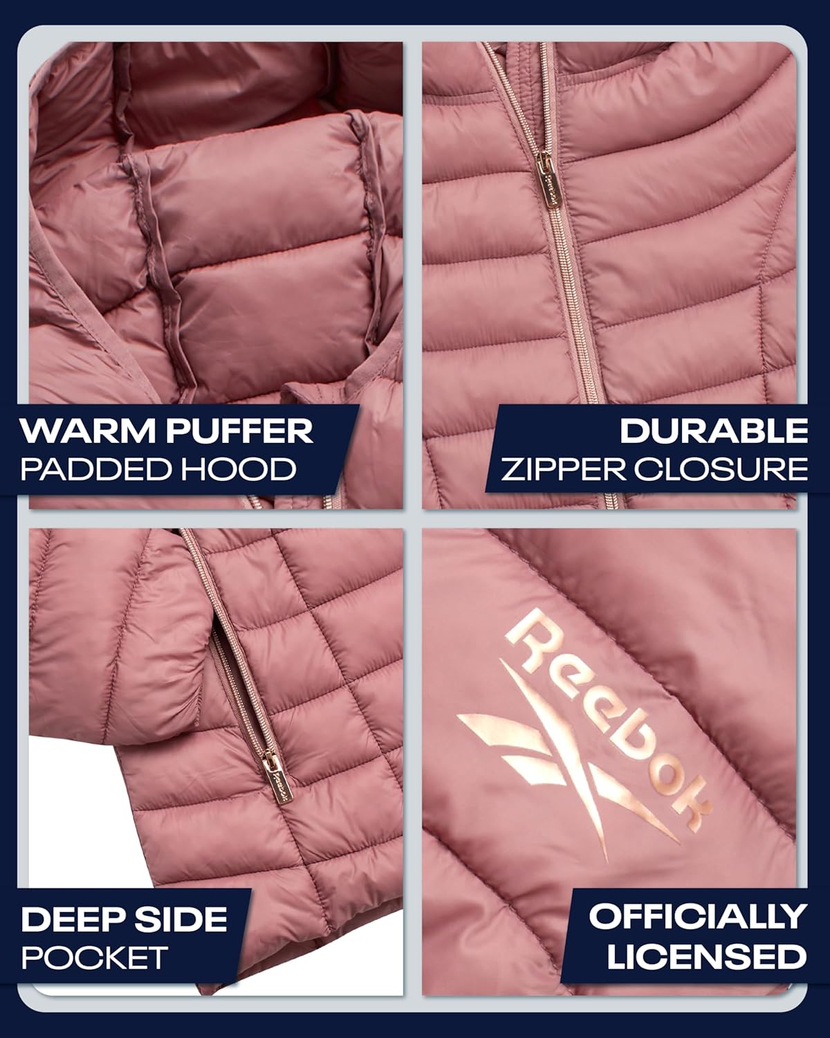 Reebok Womens Puffer Jacket - Lightweight Quilted Snow Glacier Shield Zip Up Bubble Winter Coat for Women with Hood & Pockets - Image 3