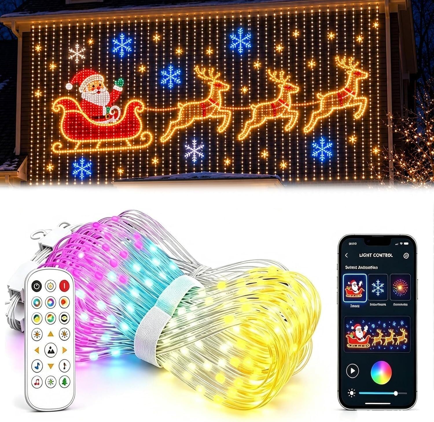 Luci animate per albero di Natale, luci LED per tende, timer e memoria, RGB per esterni, da parete, finestra, con telecomando, alimentazione USB, impermeabile IP65, 2x2m(1 X 1 M)