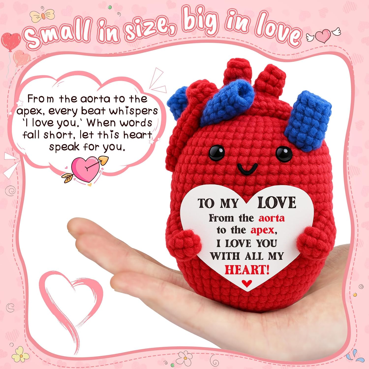 Mini Valentines Day Gifts for Him Her Couple Valentine’s Day To My Love Handmade Crochet Anatomical Heart Love Gift for Women Men Boyfriend Girlfriend Husband Wife Anniversary Valentines Birthday - Image 3