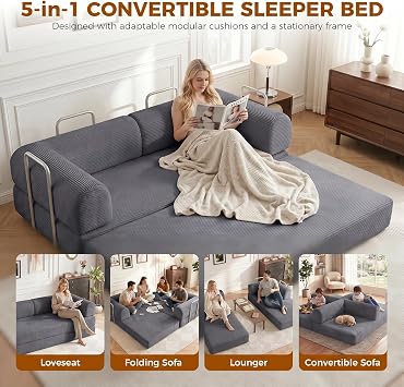 GRAVFORCE Convertible Sofa Bed Comfy Corduroy Boneless Sofa with Metal Frame Modular Sectional Folding Mattress Sofa Bed for Small Spaces Livingroom Dark Gray 178cm Medium Size