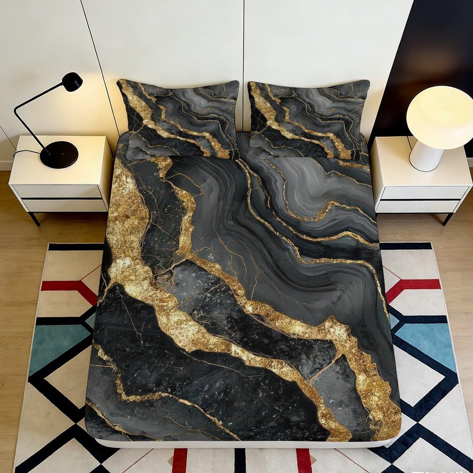 3D Printed Marble Pattern Fitted Sheet Microfiber Deep Pocket Elastic Hem Marble Mattress Fitted Cover Bedroom Bedding Set Washable 120x200x25cm