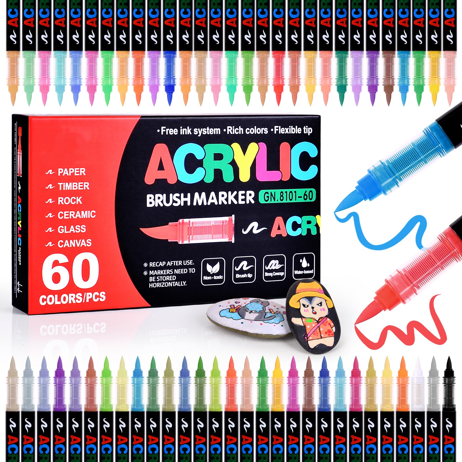 colourmotor 60 Colors Acrylic Paint Markers with Automatic Ink Control | Water-Based No-Bleed Brush Tip Acrylic Markers for School Art, Rock, Egg, Fabric, Wood, Metal, DIY Crafts