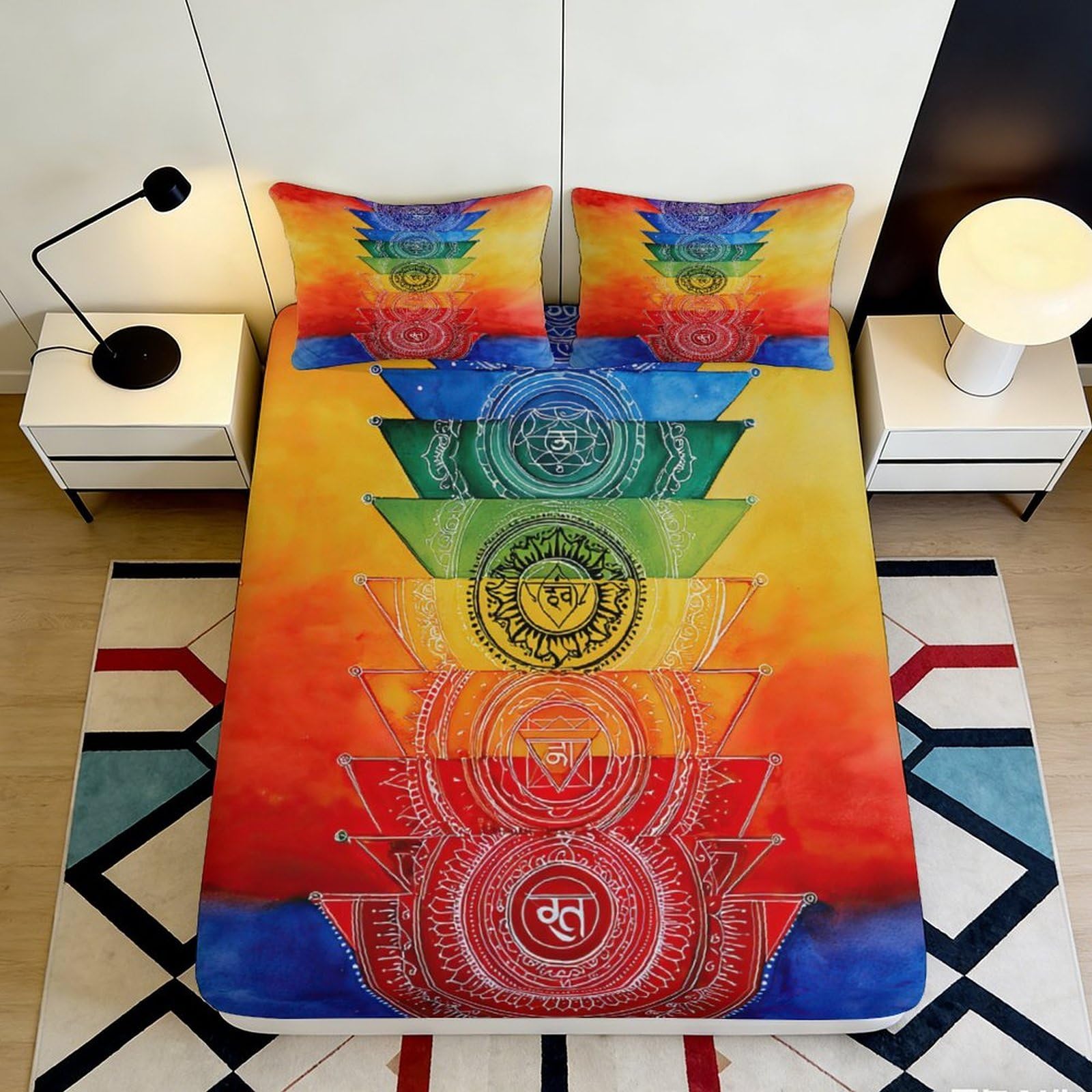Pnayamiorkfel Style-4 3D Printed Chakra Rainbow Fitted Sheet Microfiber Soft Colourful Mandala Bed Cover For Bedroom Guest Room Decor 90X200x25cm