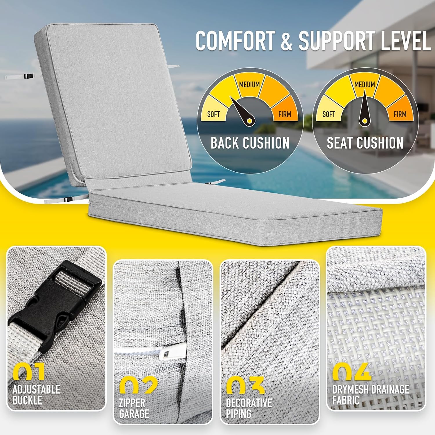 SUNROX All-Weather Fade-Resistant Lounge Chair Cushions DryFast Foam Chaise Lounge Cushions for Outdoor Furniture Patio Pool Lounge Chaise Cushions with Adjustable Straps 73x22 Inch, Heather Grey