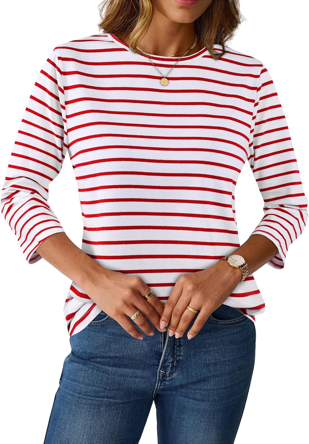 LilyCoco Womens 3/4 Length Sleeve Tops Striped Boatneck Shirt Breton French Cotton Tees - Image 4