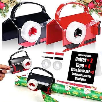 2-in-1 Wrapping Paper Cutter & Tape Dispenser, with 4 Tapes & 2 Blades | Sliding Gift Wrap Roll Cutter Tool with Replacement Parts, Safe & Precise Cutting for Christmas, Birthday, Crafts & Office,