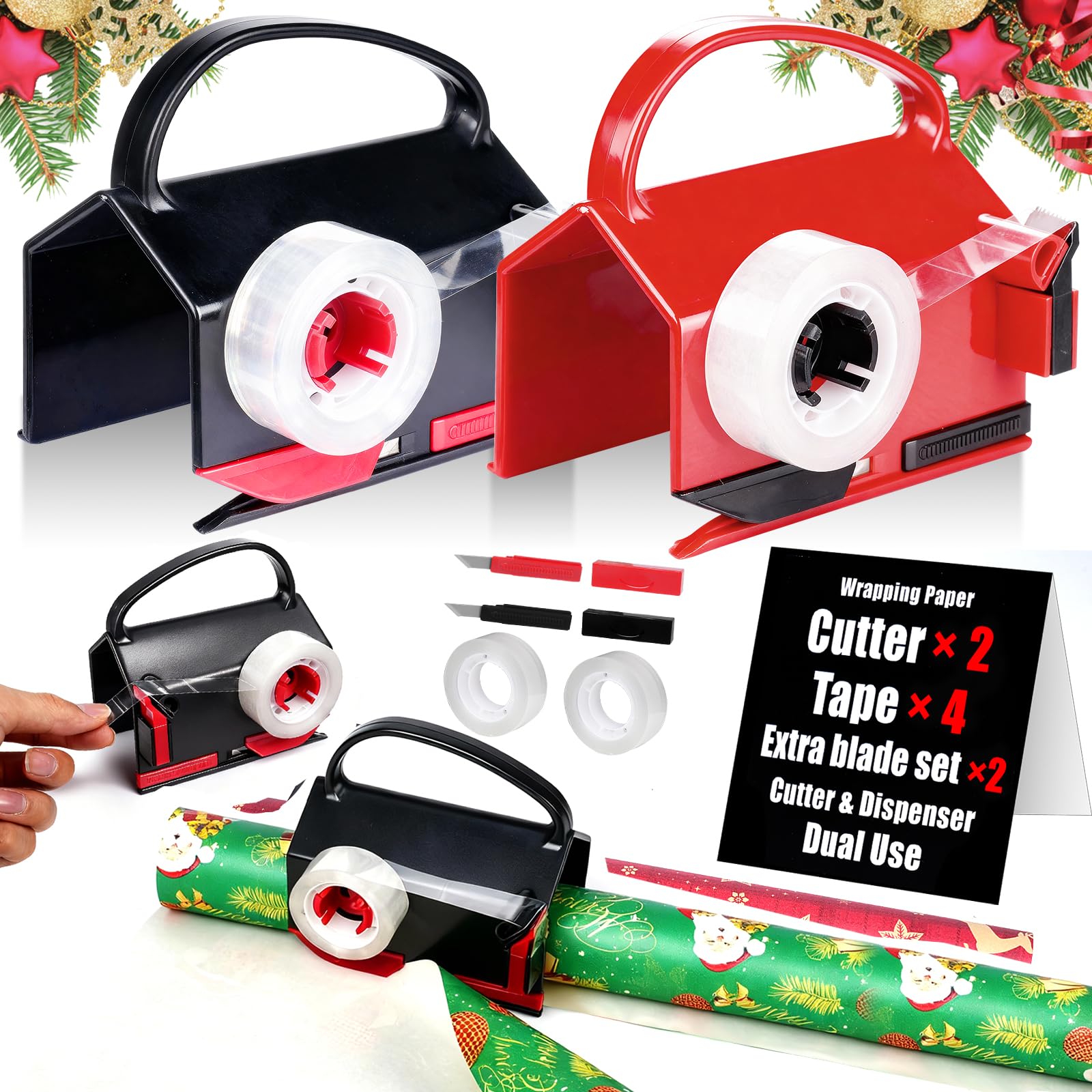2-in-1 Wrapping Paper Cutter &amp; Tape Dispenser, with 4 Tapes &amp; 2 Blades