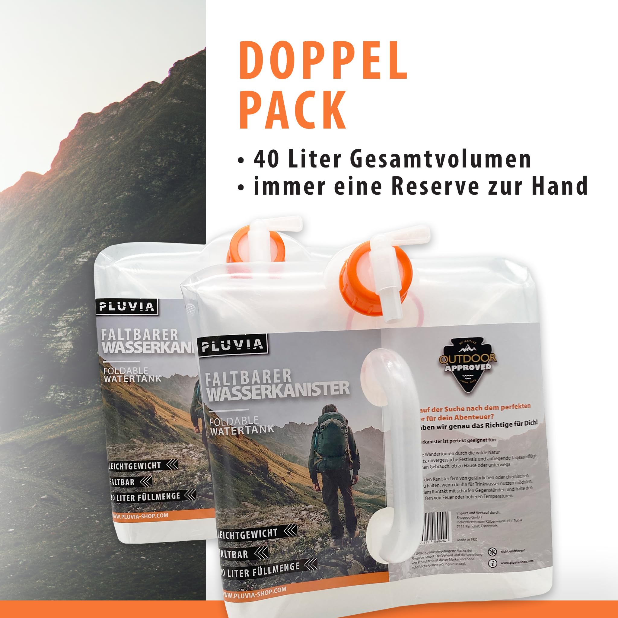 Pluvia® Wasserkanister 20L Trinkwasser Set (2x20L) faltbar - Blackout Notfallausrüstung - Notfall Ausrüstung - Kanister inkl. Verschluss & Wasserhahn, durchsichtig