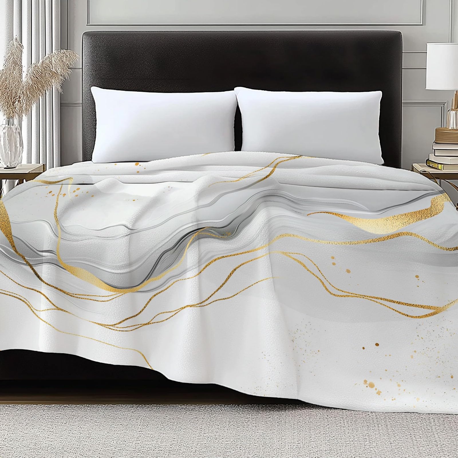 Flanelowy koc 180 x 220 cm Tekstura Złote linie Marmur Puszysty kolor Ciepły koc polarowy z mikrofibry, lekkie białe koce na cały sezon do podróży Łóżko Sofa