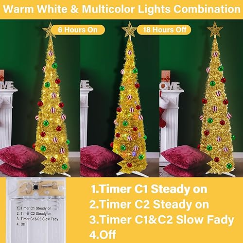 Miniatura 4 de 4 modos de iluminación y temporizador Árbol de Navidad desplegable de 5 pies con 25 adornos de bolas, árbol de Navidad de oropel con 60 luces de