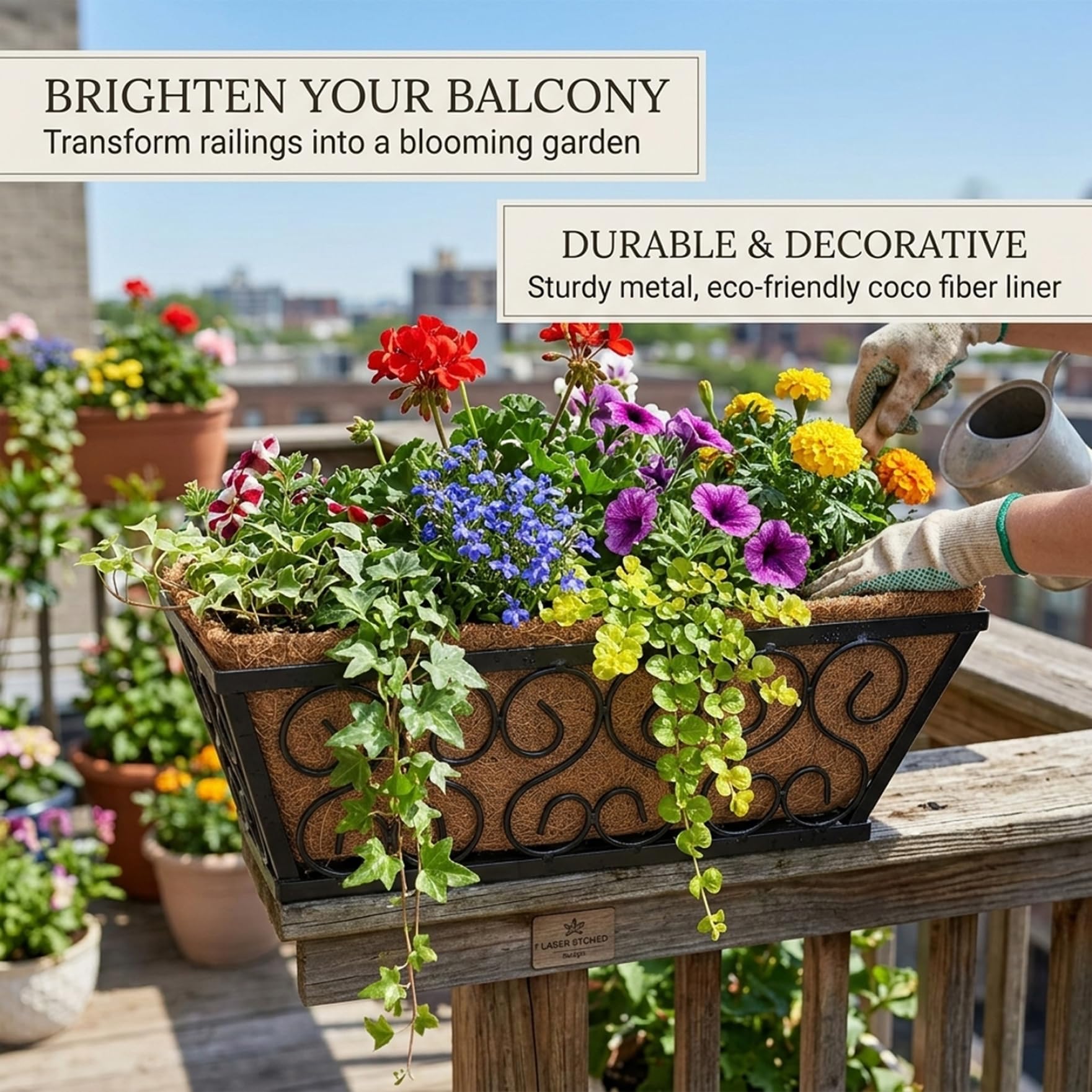 2 maceteros con barandilla, macetero Colgante de Ventana Resistente de 16 Pulgadas con Soportes Ajustables y Revestimiento de para balcón, terraza, Porche y jardinería