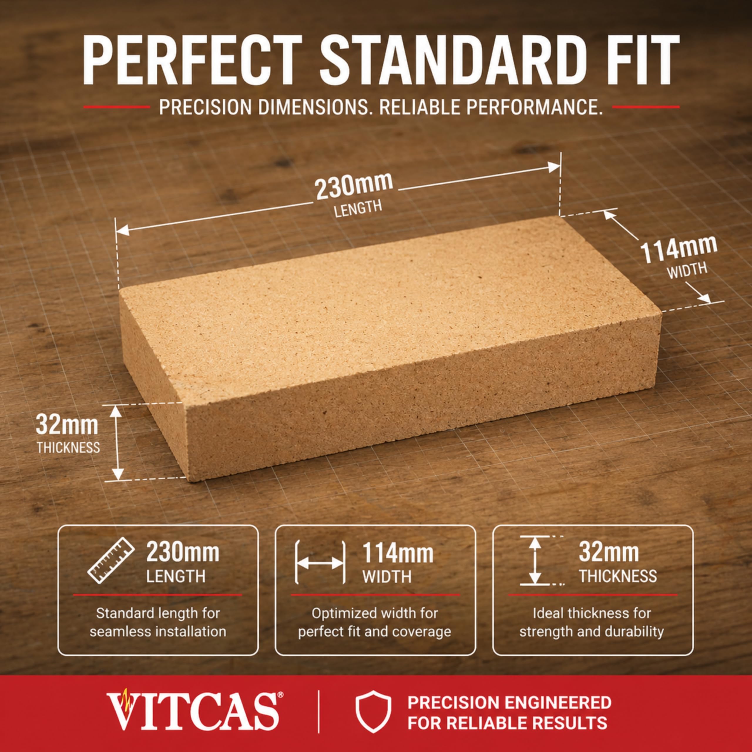 VITCAS Mattoni refrattari – Materiale di Alta qualità – Alta densità – Bassa conducibilità Termica – Scatola di Ricambio – per stufe e camini – Mattoni refrattari Standard – Fino a 1300 Gradi Celsius