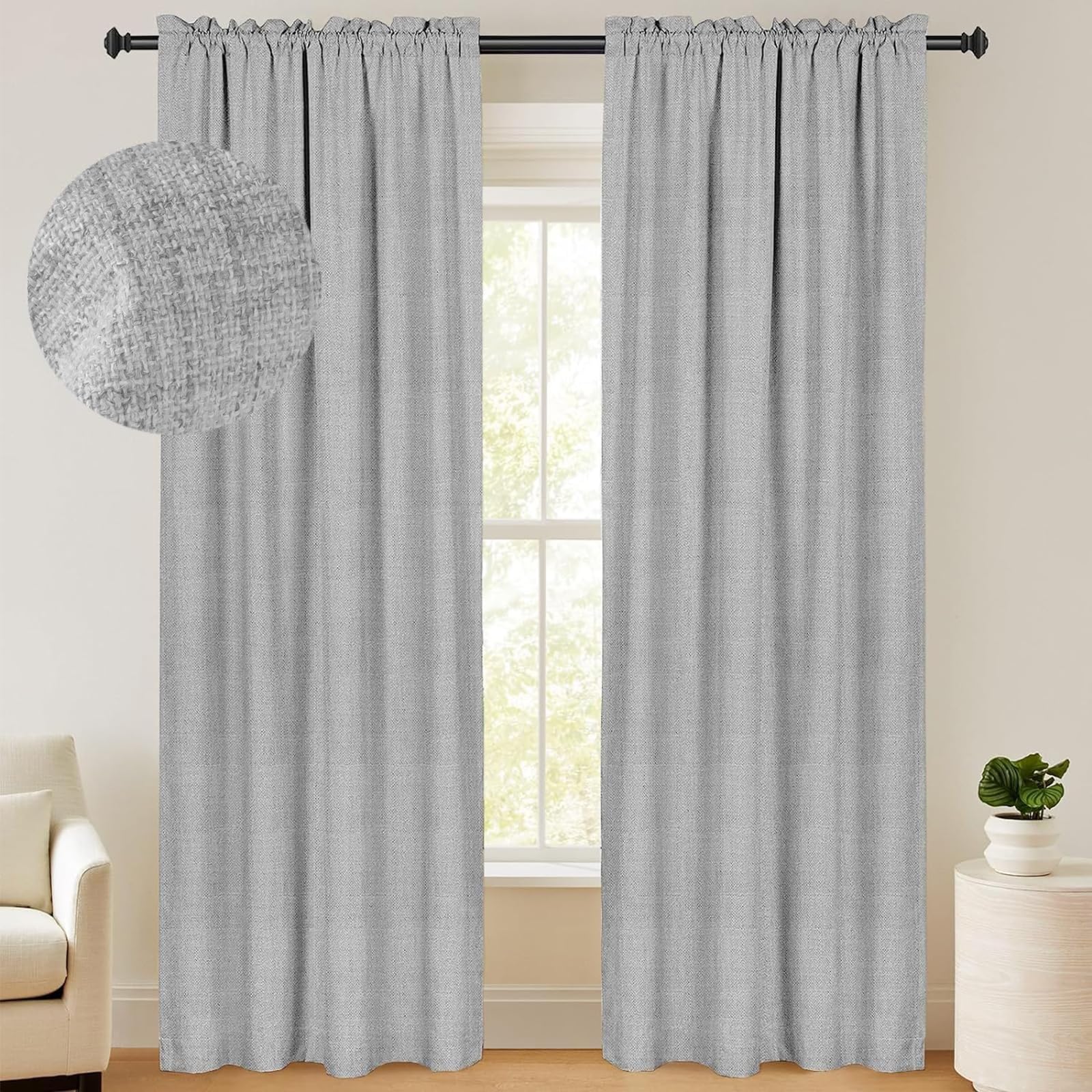 100% Blackout Shield Linen Blackout Curtains 102 Inches Long 2 Panels Set, Blackout Curtains for Bedroom/Living Room, Thermal Insulated Rod Pocket Window Curtains & Drapes, 50W X 102L, Grey