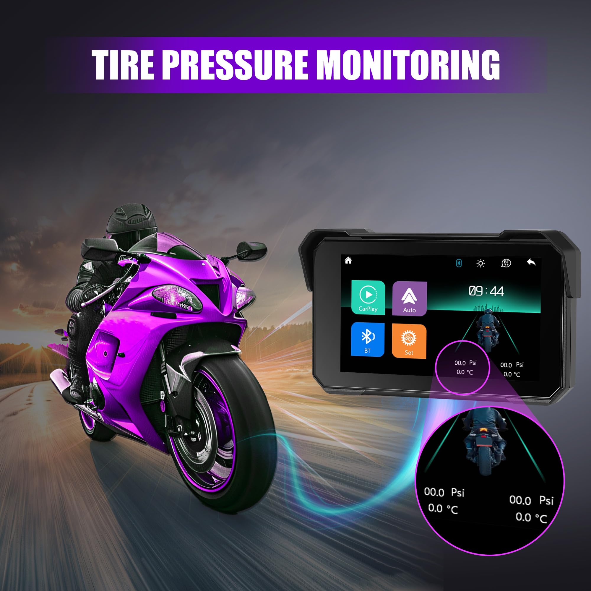 Rimoody Carplay Senza Fili Schermo per Moto 5 Pollici Touchscreen Autoradio Portatile per Moto, IP68 Impermeabile con Android Auto Bluetooth Rilevamento Della Pressione Degli Pneumatici 12V