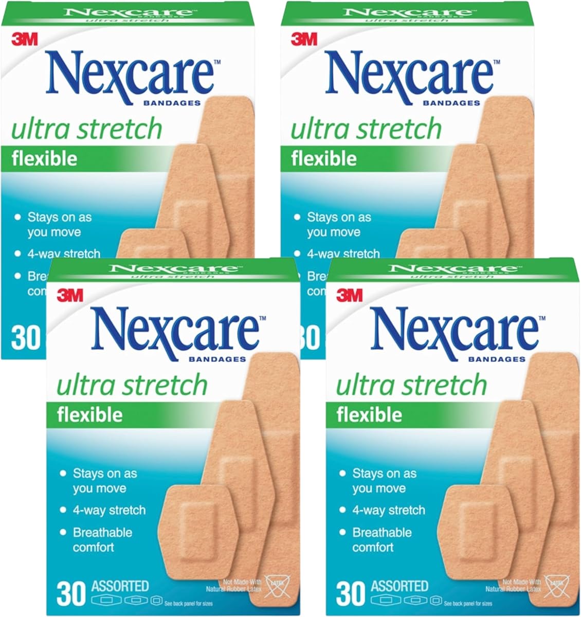Nexcare Comfort Flexible Fabric Bandage, Latex Free, Assorted Sizes, 30 ct Packages (Pack of 4)