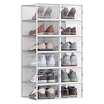 SONGMICS Scatole per Scarpe, Pacco da 12 Contenitori per Scarpe, Organizzatori Pieghevoli e Impilabili, Fino a Taglia 44, Trasparente e Bianco LSP12SWT