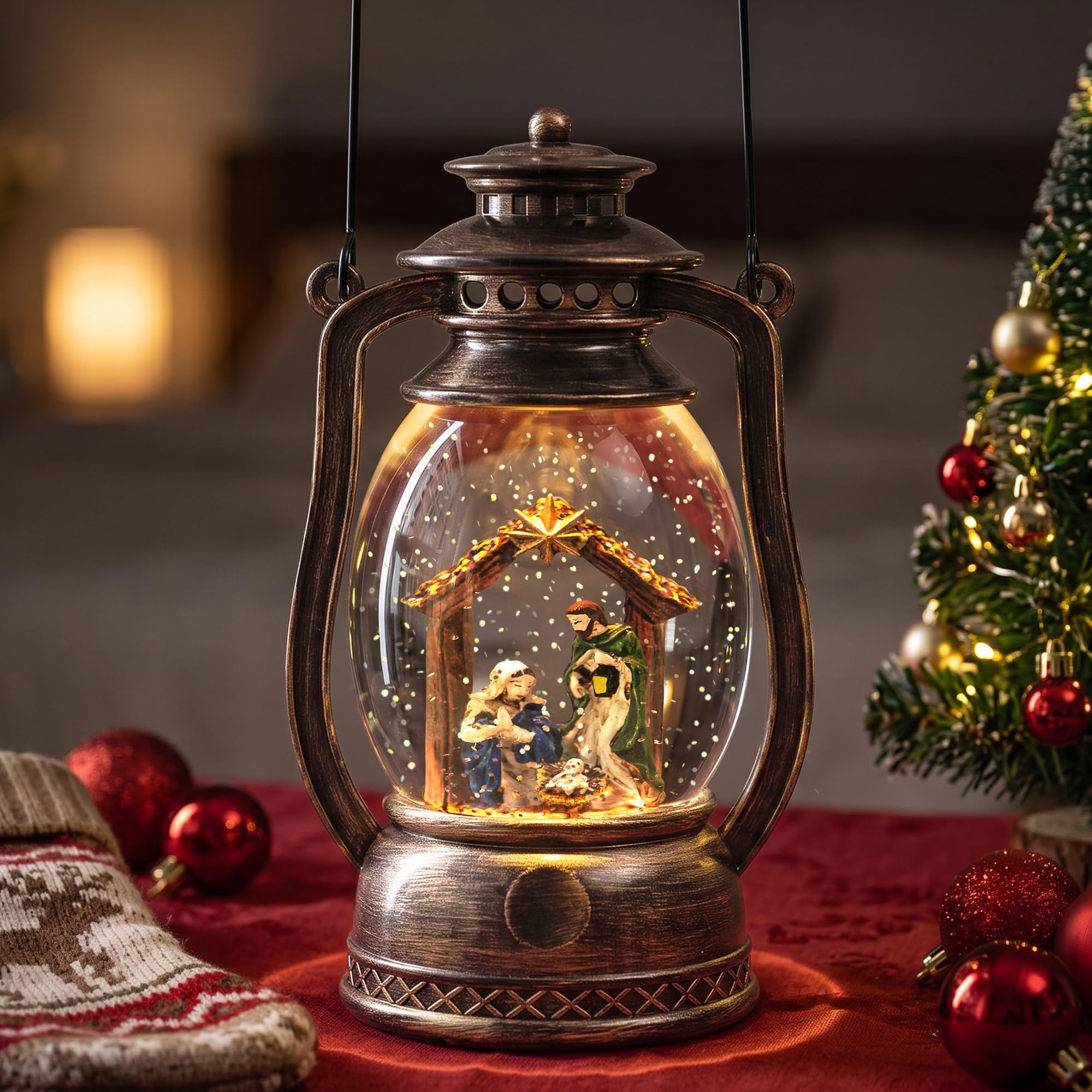 Christmas Snow Globe Lantern with LED Lighted Water Glitter, Hanging Kerosene Style Holy Family Manger, Vintage Bronze Tabletop Holiday Decoration Gifts