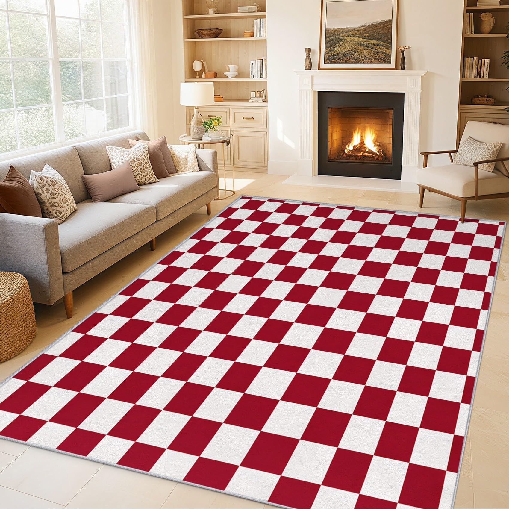 Générique Tapis Entree Interieur Damiers Rouge et Blanc, Petit Tapis Motif Moderne À Carreaux Chambre 60 x 90 cm, Antidérapant Lavable Doux à Poils Ras, Decoration Maison, Rouge Blanc O-fd16