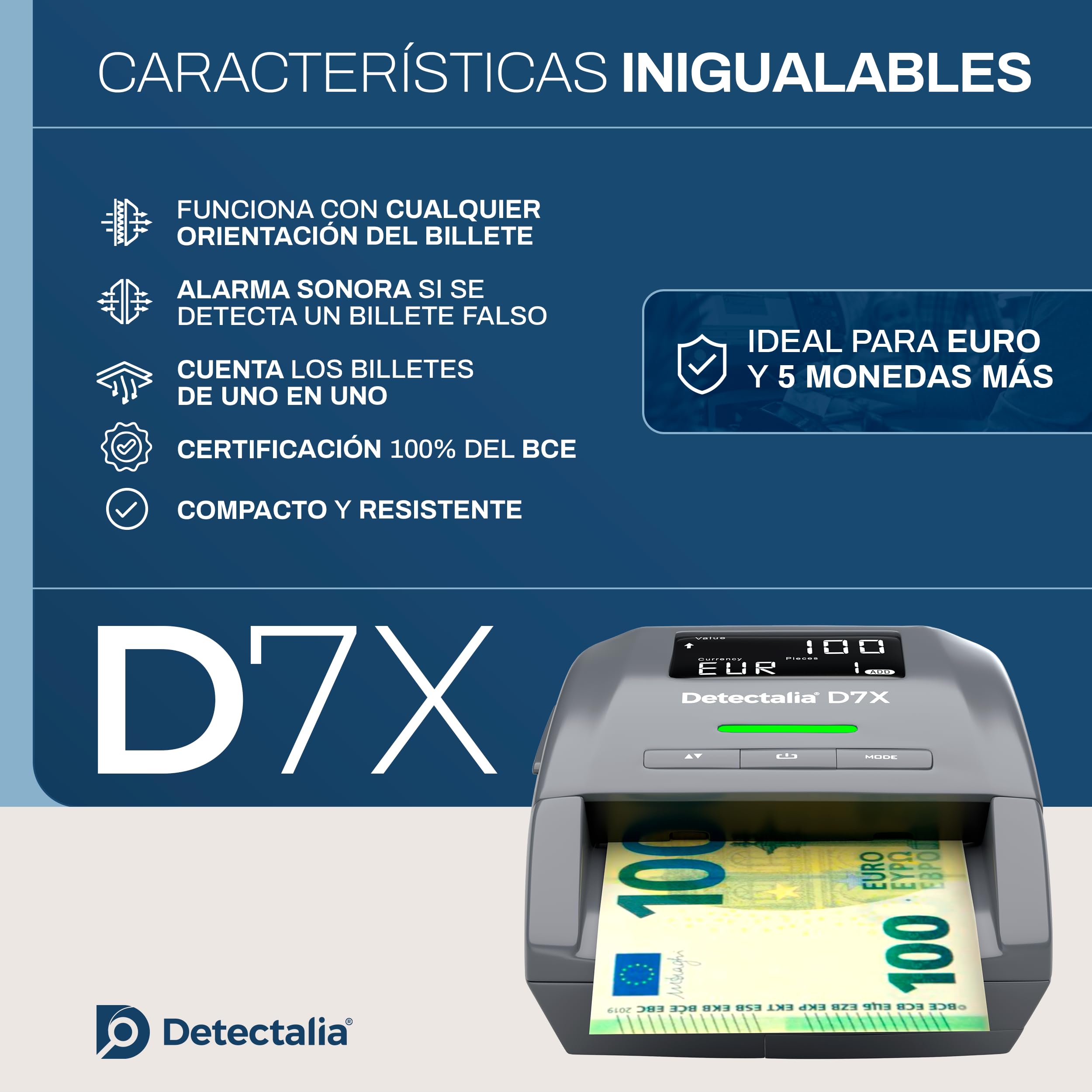 Detectalia D7X - Detector de billetes falsos con 7 sistemas de detección y 100% fiabilidad para 6 divisas EUR, GBP, CHF, PLN, CZK y SEK - 14 x 12 x 6 cm
