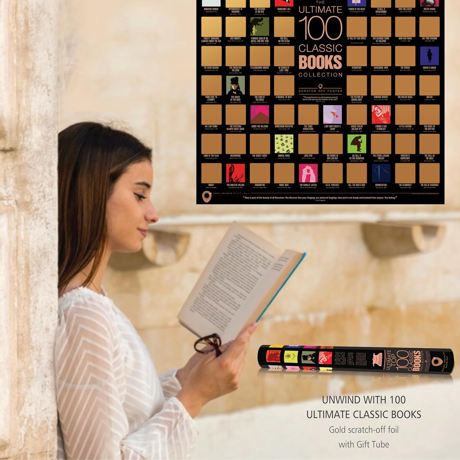 Travel Revealer Top 100 Classic Books Scratch Off Poster | 100 Books Everyone Should Read | Best Books of All Time | Gift for Book Lovers & Readers | 17x24 Gold Foil Design image 5