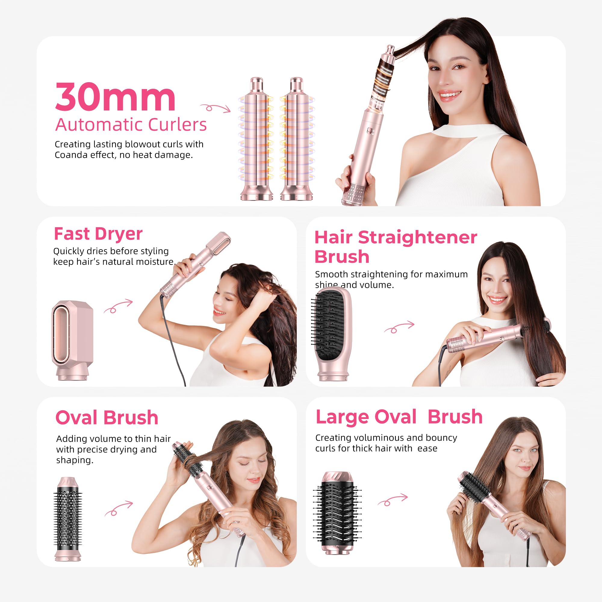 MogaWave Pro Airbrush Air Styler en 1 Hair Styler avec 1000W Brosse Soufflante, Seche Cheveux, Brosse Seche Cheveux, Brushing Brosse Soufflante, air Boucleur, Brosse Brushing Soufflante