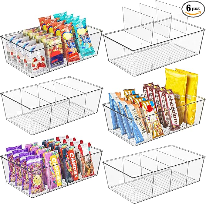 Moretoes 6 Pack Snack Organizers, Pantry Organizer and Storage, Clear Food Storage Organizer Bins, Plastic Fridge Organizer and Cabinet Organizer for Kitchen, Condiment, Pouches Food, Packets Spices
