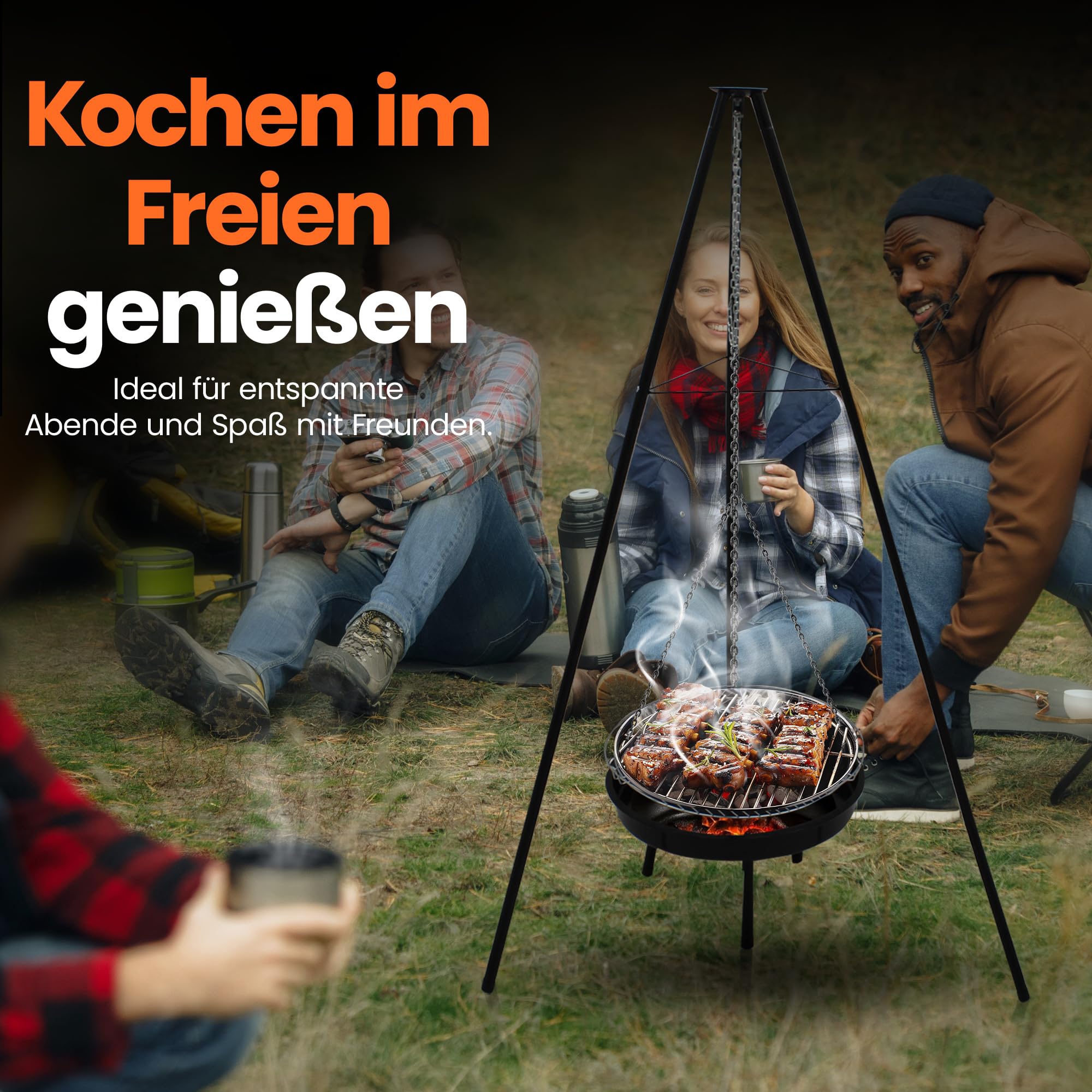 BBQ Multi-Grill Schwenkgrill, Tripod Set,160 cm,Dreibein mit Feuerschale,Grillrost,Räucherplanken & Topf, Höhenverstellbar, Outdoor Grillen, Kochen im Garten schwarz